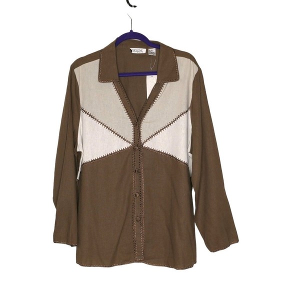 NWT Selene Sport Women's Sz XL Linen Blend Colorblock Long Sleeve Shirt 90s - Picture 1 of 11